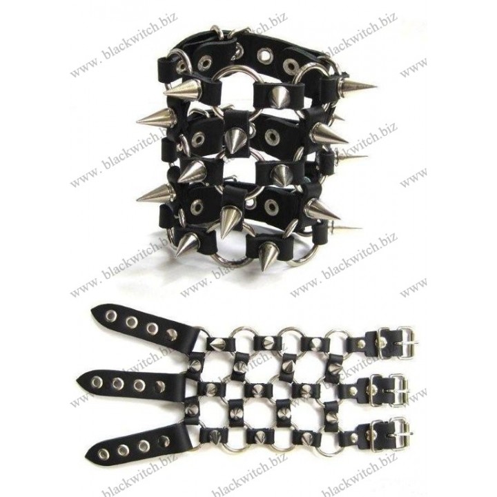 Leather wristband with three-row spikes 10cm