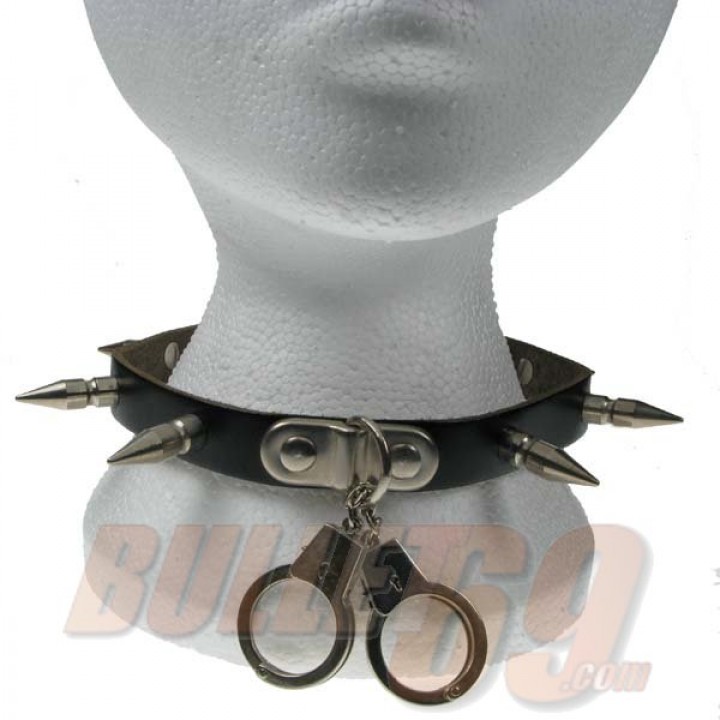 1 Row Medium spike & Handcuff Leather Neckband / Leather Chocker - Black