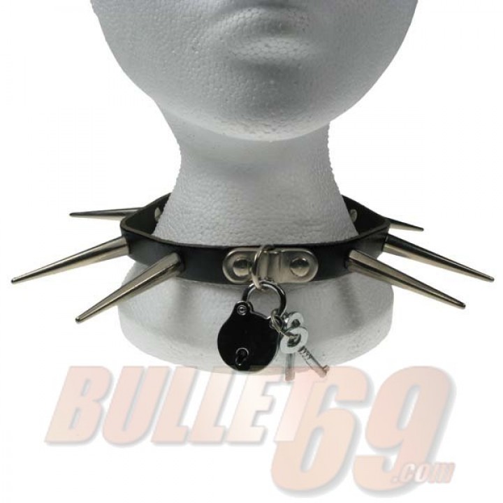 1 Row Large Cone Spike and Padlock Leather Neckband / Leather Chocker - Black